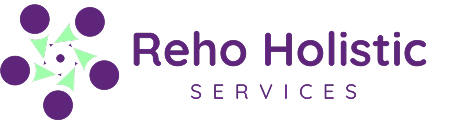 Logo for Reha Holistic Services with purple text and a circular design of purple dots and green triangular shapes on the left.
